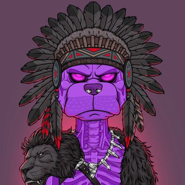 A digital illustration of a purple anthropomorphic tiger or big cat wearing a feathered Native American-style headdress, set against a purple background.