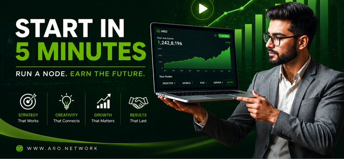 A promotional banner for ARO.network reading 'START IN 5 MINUTES - RUN A NODE. EARN THE FUTURE.', featuring a man holding a laptop showing earnings of 1,242,8196.
