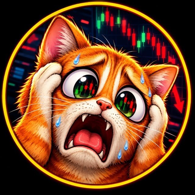 A cartoon illustration of a panicked orange cat with wide eyes (reflecting a candlestick chart) and sweat drops, set against a background of a red declining crypto price chart with a yellow circular border.