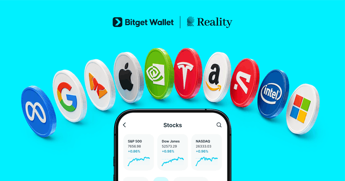 A promotional graphic for 'Bitget Wallet | Reality' displaying logos of various tech companies including Meta, Google, Apple, NVIDIA, Tesla, Amazon, and Microsoft above a smartphone showing stock market data.