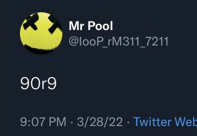 This is a screenshot of a tweet from "Mr Pool" with the handle "@looP_rM311_7211", showing the text "90r9" and the timestamp "9:07 PM · 3/28/22". The text "90r9" is likely what the user attempted to hash or decode.