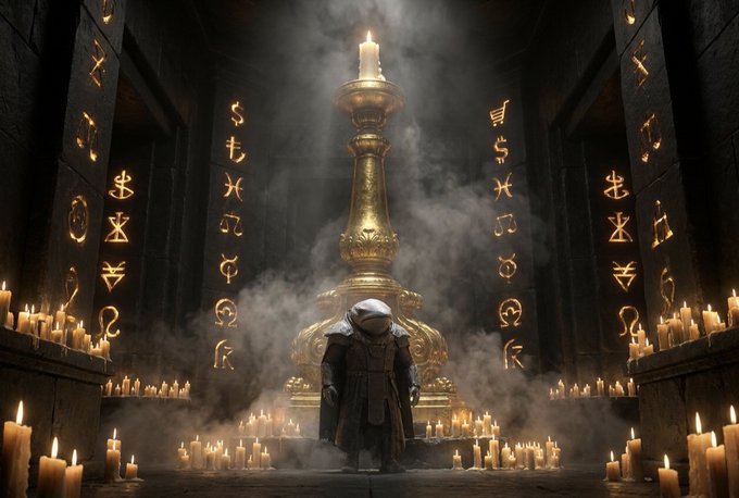 A hooded figure stands in a candlelit chamber before a towering golden candelabra, surrounded by walls inscribed with glowing mystical runes and smoke. The scene reflects the post's theme of revival and creation, evoking the sense of a builder stepping into a long-dormant project, channeling old ideas into something new on Solana to fill a gap in the market.