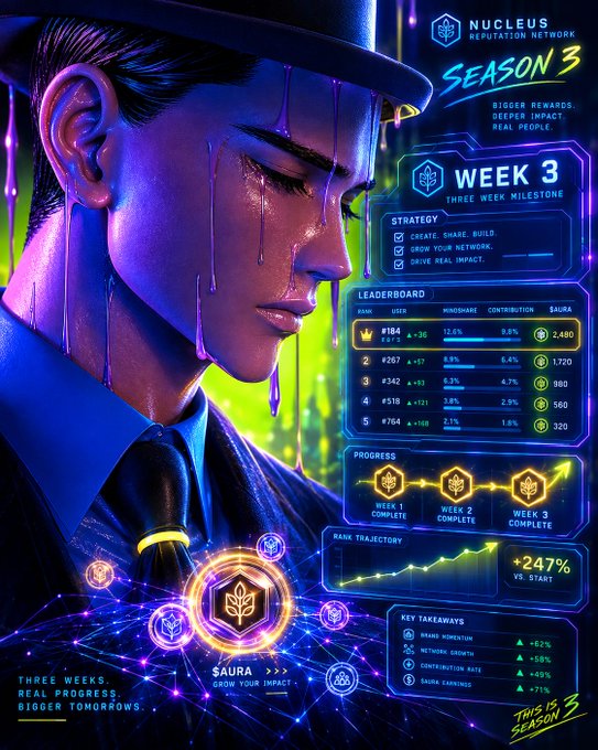 A promotional image for 'Nucleus Reputation Network Season 3' showing a man in a hat with melting effects, displaying Week 3 leaderboard rankings, progress milestones, and a +247% rank growth trajectory.