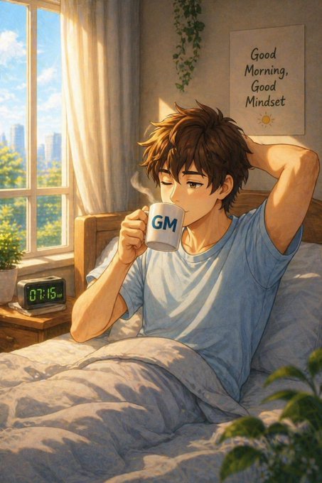 The image features a man lying in bed with his head resting on his hand while holding a coffee cup. The scene takes place in front of a window, which provides natural light for the room. There are also potted plants visible near the window, adding some greenery to space. The background includes a clock and a poster, possibly related to the artist's work or personal interests.