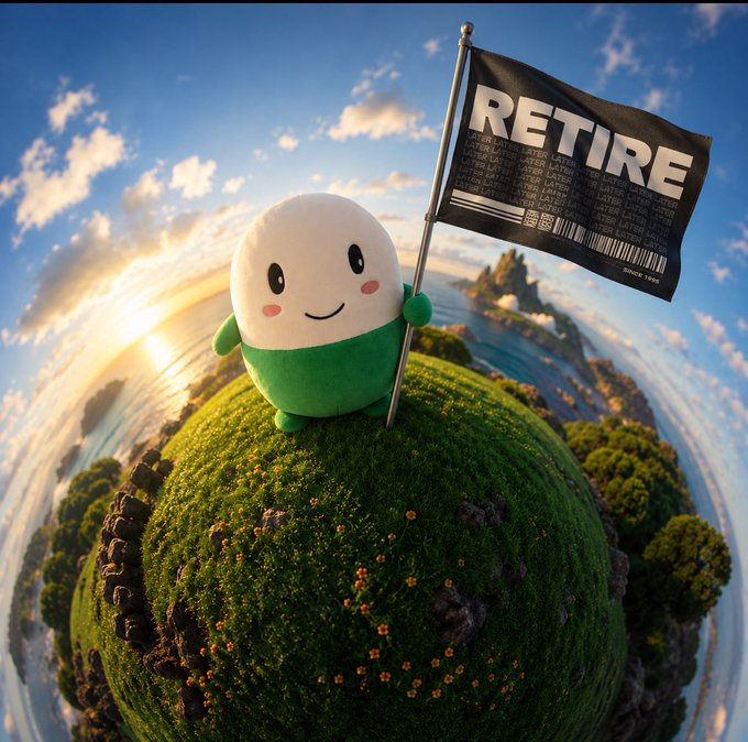 A cute green and white mascot stands triumphantly on a tiny planet, planting a "RETIRE" flag into the grassy surface. The whimsical "little planet" style image visually celebrates the retirement of the $Cupsey token, as referenced in the post tagging @CupseyToken, @Pumpfun, and @thelastplaysol.