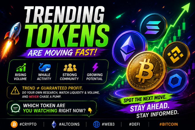A vibrant promotional graphic reading 'TRENDING TOKENS ARE MOVING FAST!' with icons representing rising volume, whale activity, strong community, and growing potential, alongside logos for Bitcoin, Ethereum, Solana, and BNB.