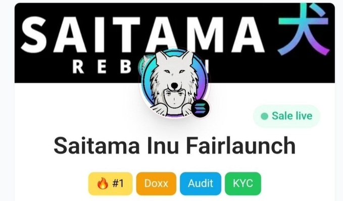 The image is a Pinksale launchpad listing for "Saitama Inu Fairlaunch," featuring the Saitama Inu logo and displaying badges for "#1," "Doxx," "Audit," and "KYC," with a "Sale live" indicator—visually corresponding to the post's announcement of the Saitama Inu memecoin's Pinksale SOL fairlaunch.
