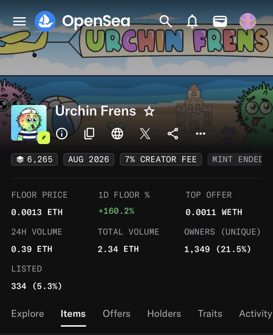A screenshot from the OpenSea NFT marketplace showing the 'Urchin Frens' collection page, with stats including a floor price of 0.0013 ETH, 24H volume of 0.39 ETH, and 1,349 unique owners (21.5%).