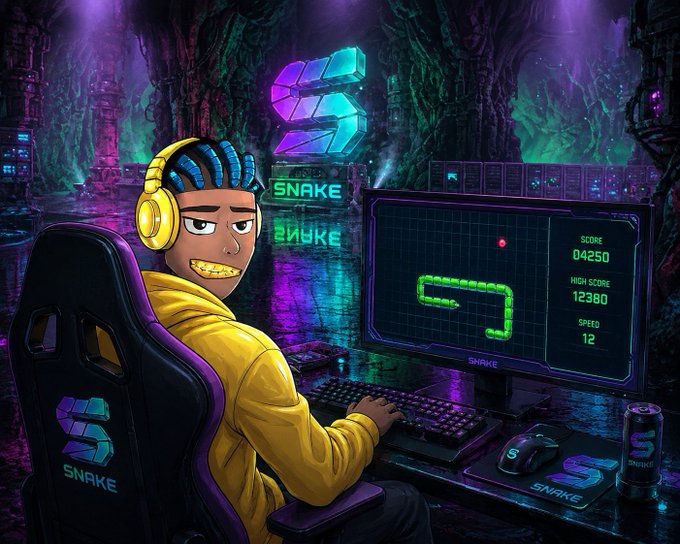 A stylized illustration of a gamer wearing yellow headphones and a hoodie, playing a Snake game on a neon-lit PC setup branded with the 'S SNAKE' logo, showing a score of 04250 and high score of 12380.