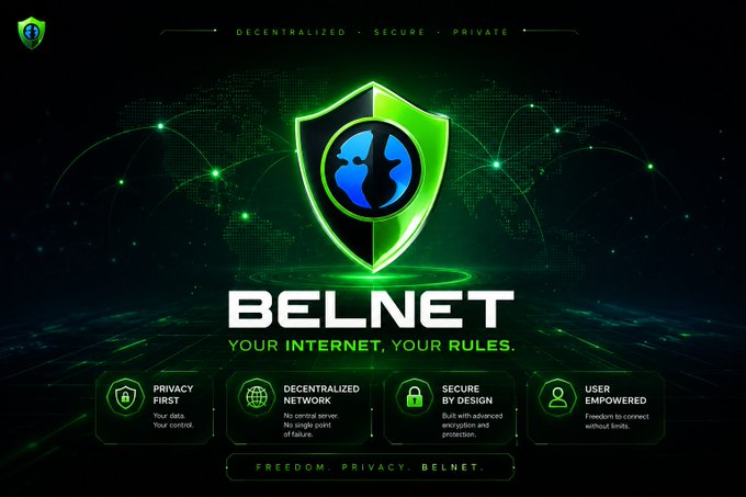 Promotional graphic for BELNET featuring a green shield logo with the tagline 'YOUR INTERNET, YOUR RULES' and highlights including Privacy First, Decentralized Network, Secure by Design, and User Empowered.