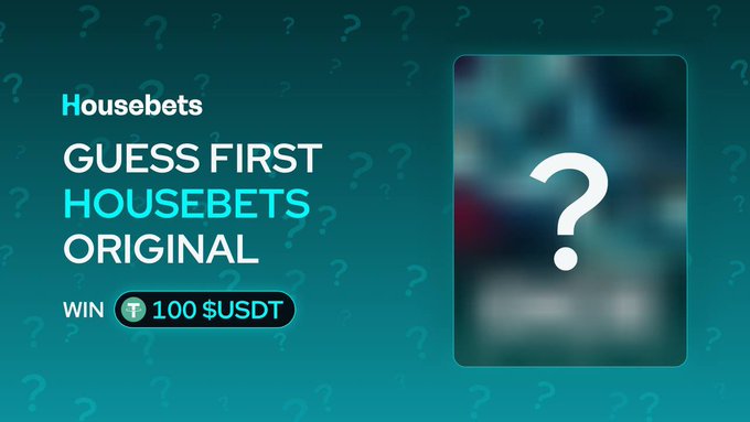 The image is a promotional teaser from Housebets featuring the text "GUESS FIRST HOUSEBETS ORIGINAL" with an offer to "WIN 100 $USDT," alongside a blurred game preview with a question mark—encouraging users to guess the upcoming "Housebets Original" before its Wave 2 reveal.