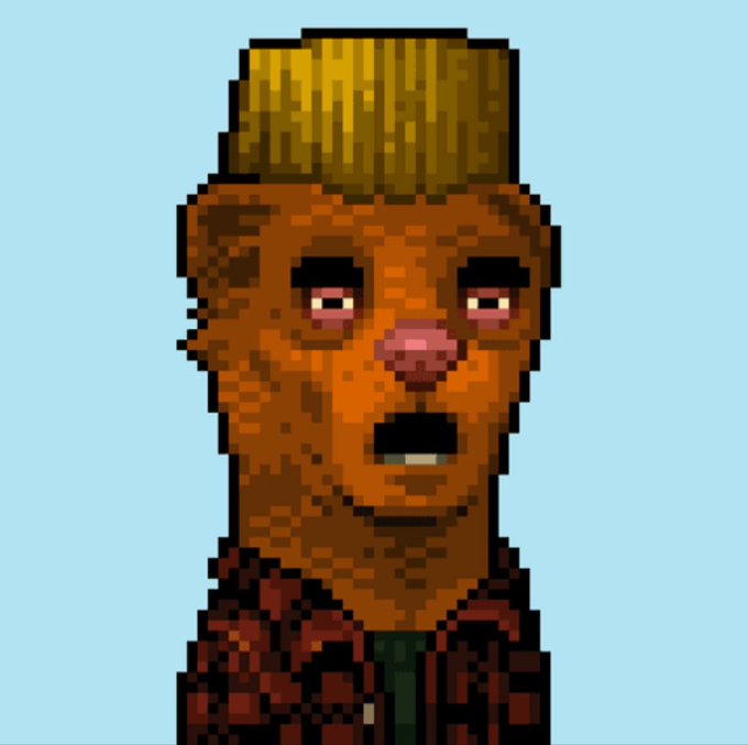 A pixel art character portrait of a brown-skinned person with a blonde flat-top haircut, bloodshot eyes, and wearing a dark jacket, against a light blue background.