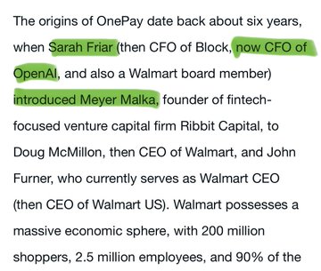A highlighted text excerpt about OnePay's origins, showing Sarah Friar (now CFO of OpenAI, then CFO of Block) introducing Ribbit Capital founder Meyer "Micky" Malka to Walmart executives Doug McMillon and John Furner.