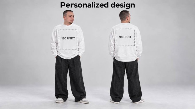 A man modeling a white long-sleeve t-shirt from front and back views, labeled "Personalized design" with text boxes reading "100 USDT" and "99 USDT" indicating print placement.