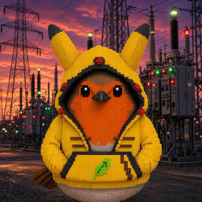 A LEGO-style figurine of Pikachu dressed as an electrical worker with a lightning bolt symbol, set against a sunset backdrop of power lines and electrical infrastructure.