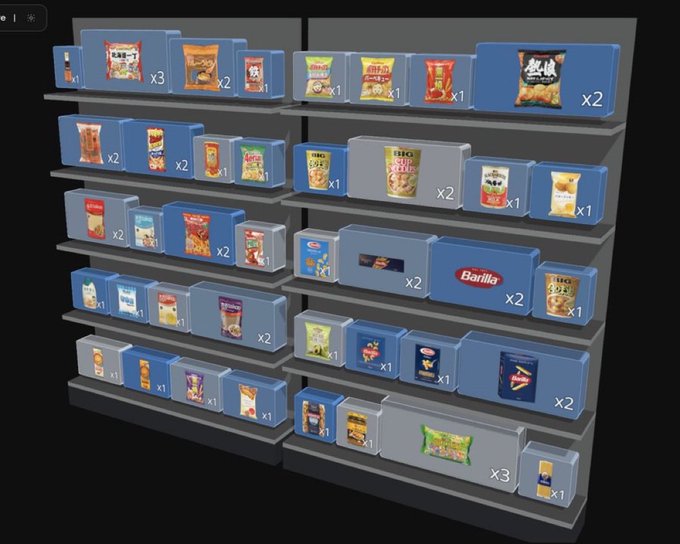 The image features a 3D rendering of a store shelf filled with various snack foods. The snacks include chips, crackers, and other food items arranged neatly on the shelves. There are at least 13 different types of snacks visible in the image, each occupying its own space on the shelf. The arrangement of these snacks suggests that they are organized by type or category for easy access to customers.