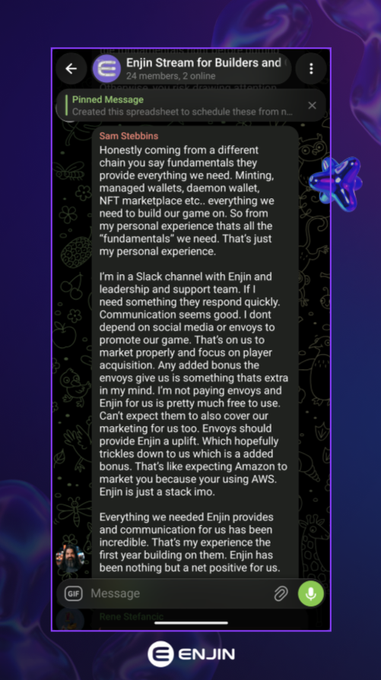 A screenshot of a Discord channel called "Enjin Stream for Builders and..." showing a pinned testimonial from Sam Stebbins, who recounts his positive experience switching to Enjin from another blockchain, praising the platform's quick support, personal attention, and comprehensive communication compared to the previous chain he used for his game "Misfit Galaxy MMO."