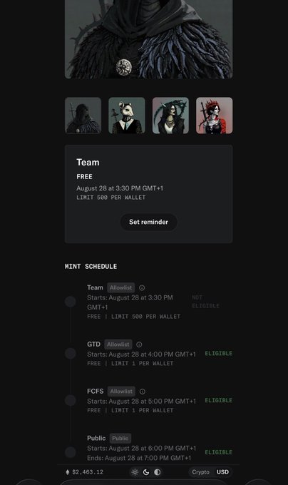 The image shows an NFT mint schedule for "Sherwood" with multiple rounds including Team, GTD, FCFS, and Public mints on August 28th, displaying "ELIGIBLE" status in green and a portfolio balance of $2,403.12. This relates to the post by showing the user is eligible to mint with their Alpha Vault group during the Team round at 3:30 PM GMT+1.