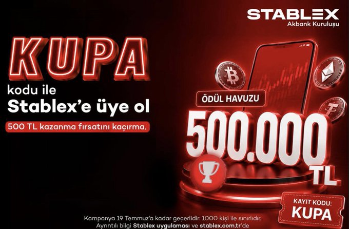The image is a promotional banner for **Stablex** by Akbank, featuring bold red text announcing a **500,000 TL prize pool** campaign. It invites viewers to join Stablex using the code "**KUPA**" for a chance to win **500 TL**, with the campaign running until **July 19** and limited to 1,000 participants. The design includes cryptocurrency coin graphics (Bitcoin, Ethereum, and Tether) alongside a smartphone, emphasizing the platform's connection to digital asset trading.

This aligns with the post by highlighting Akbank's involvement in crypto through Stablex, showcasing the substantial 500K TL reward pool aimed at attracting new users via the exclusive "KUPA" registration code.