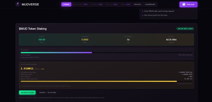 A screenshot of the MUDVERSE website displaying a '$MUD Token Staking' dashboard with stake, unstake, lock period and unlock time metrics, along with a $MUD/$MUD pair, v1$MUD balance of 2.910011 and a green 'ACCÈME & CLAIM' button.