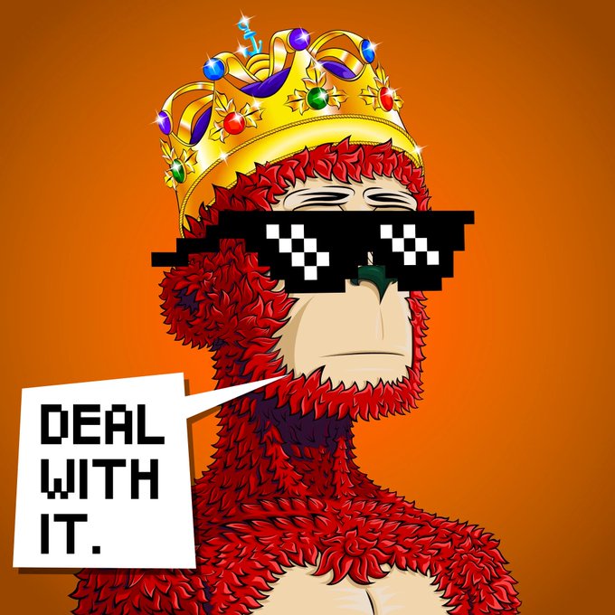 A pixel-art red monkey wearing a jeweled crown and black "deal with it" sunglasses speaks into a speech bubble reading "DEAL WITH IT." The image humorously represents the confident, take-charge attitude of StonkBrokers, the top NFT project on Robinhood Chain by volume.