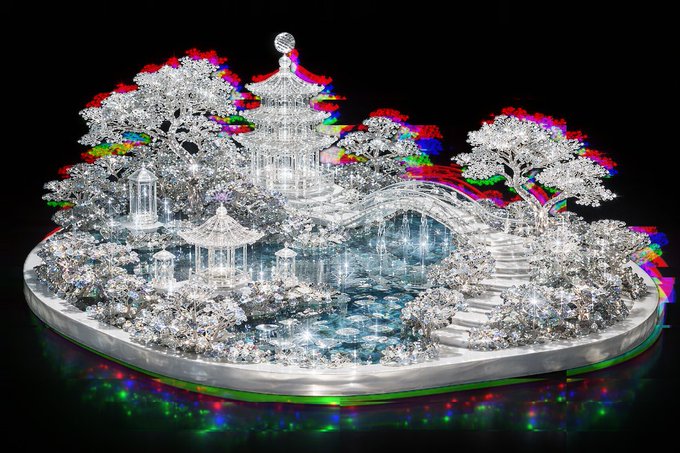 An intricate 3D model of a traditional Asian-style garden featuring a pagoda, bridges, trees, and water, rendered with silver elements and colorful chromatic aberration edges on a black background.