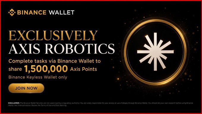 A Binance Wallet promotional banner advertising an exclusive Axis Robotics campaign, offering 1,500,000 Axis Points for completing tasks via Binance Keyless Wallet, featuring a glowing golden Binance logo on a black background.