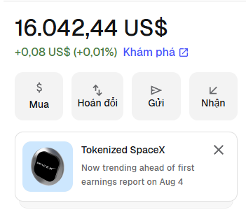 A mobile app screen shows a crypto asset priced at 16,042.44 US$ (+0.08 US$, +0.01%) with buttons for Buy, Swap, Send, Receive, and a listing for Tokenized SpaceX noted as 'Now trending ahead of first earnings report on Aug 4.'