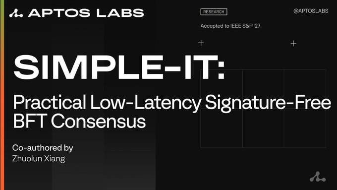 Aptos Labs research announcement: "SIMPLE-IT: Practical Low-Latency Signature-Free BFT Consensus" co-authored by Zhuolun Xiang, accepted to IEEE S&P '27.