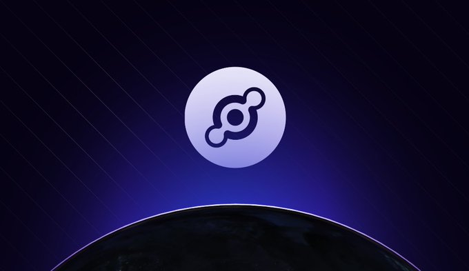 A graphic featuring a circular icon with interconnected nodes (resembling a blockchain or network logo) in white against a dark purple background with a curved horizon line at the bottom.