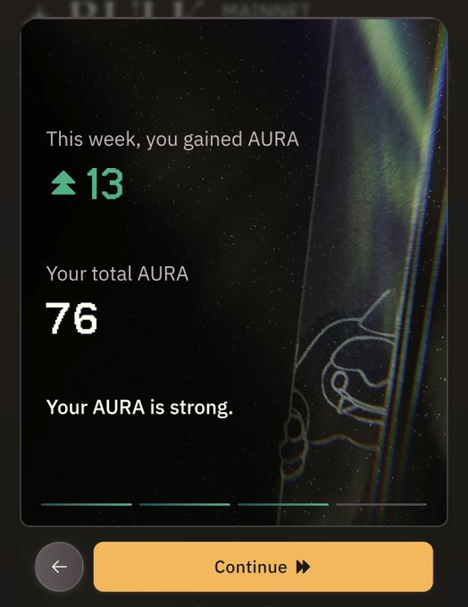 The image shows a notification from the Bulk Trade app indicating "This week, you gained AURA 13" and "Your total AURA 76," with the message "Your AURA is strong." This directly illustrates the post's claim of earning 13 AURA points for the week on Bulk Trade.