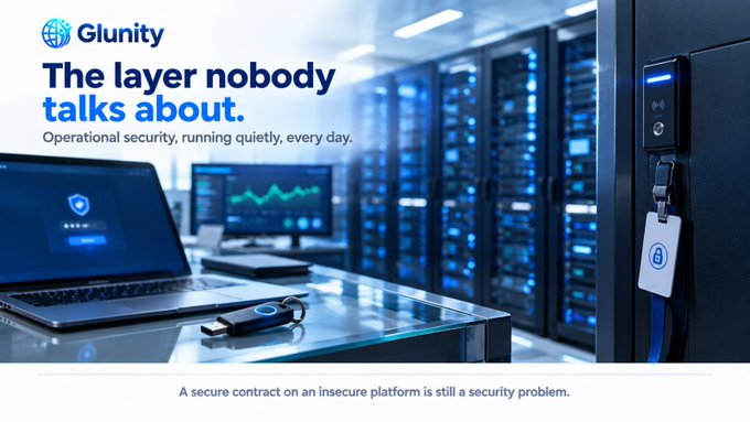 A promotional graphic for 'Glunity' with text reading 'The layer nobody talks about. Operational security, running quietly, every day.' and 'A secure contract on an insecure platform is still a security problem.'