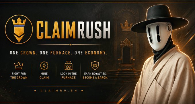 Promotional banner for 'CLAIMRUSH' featuring a masked figure in a hat, with features 'FIGHT FOR THE CROWN', 'MINE CLAIM', 'LOCK IN THE FURNACE', and 'EARN ROYALTIES'.