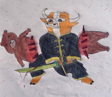 A hand-drawn colored pencil illustration depicts an orange bull warrior in a black martial arts robe wielding a green "Pumpfun" sword, splitting a brown bear in half amid red splatter effects, symbolizing the triumph of the bullish @mumu_bull over the bearish bear in the crypto contest.