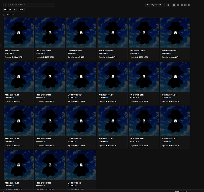 A dark-themed NFT marketplace interface displaying a grid of "UNKNOWN OWEN" character NFT listings, each with a "TODORIAL" label and a lock icon.