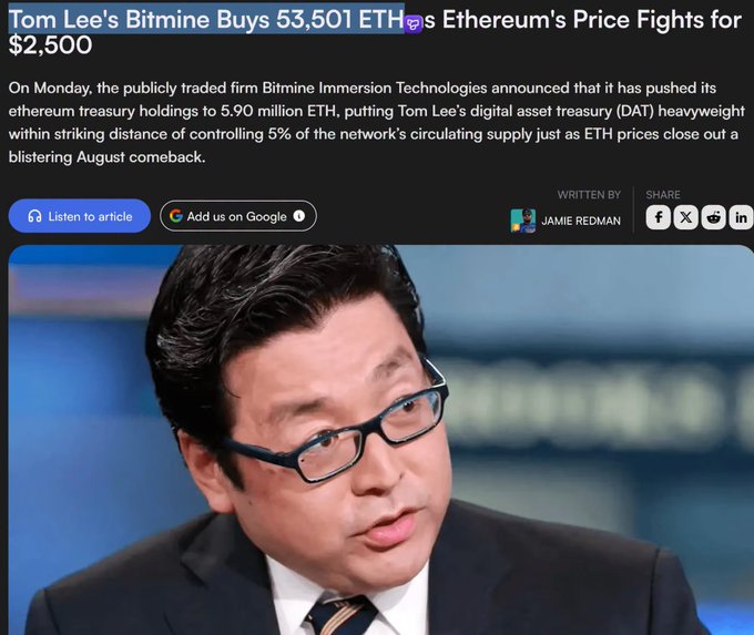 A news article headline reading "Tom Lee's Bitmine Buys 53,501 ETH as Ethereum's Price Fights for $2,500," featuring a photo of Tom Lee.