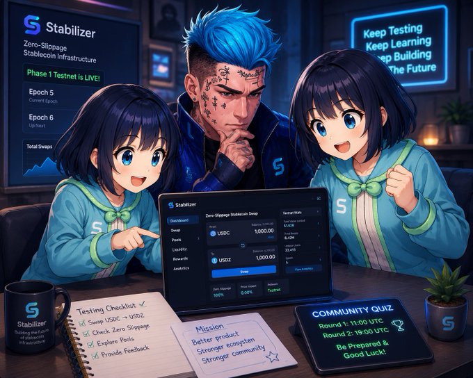 An anime-style promotional image for 'Stabilizer' featuring a blue-haired man and two blue-haired anime girls around a laptop showing a Zero-Slippage Stablecoin Swap dashboard, with text including 'Phase 1 Testnet is LIVE!', 'Episode 5', 'Episode 6', 'Keep Testing Keep Learning Keep Building The Future', 'Testing Checklist', and 'COMMUNITY QUIZ Round 1: 11:00 UTC'.