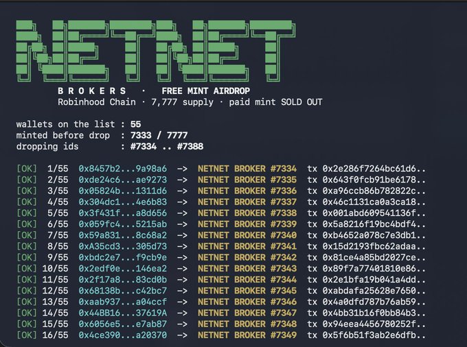 The image shows a "NETNET BROKERS" terminal-style dashboard indicating a "FREE MINT AIRDROP" on the Robinhood Chain with a 7,777 supply where the paid mint is SOLD OUT. It displays 55 wallets on the list, with 7,333 of 7,777 already minted before the drop, while currently distributing tokens #7334 through #7349 to recipients, which relates to the post noting that airdrops are actively being sent to winners.