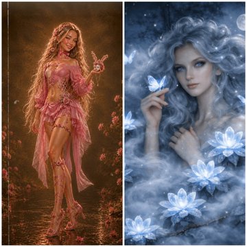 A side-by-side comparison features a woman in a flowing pink fantasy outfit standing among flowers on the left, and an ethereal portrait of a silver-haired woman with glowing blue lotus flowers on the right.