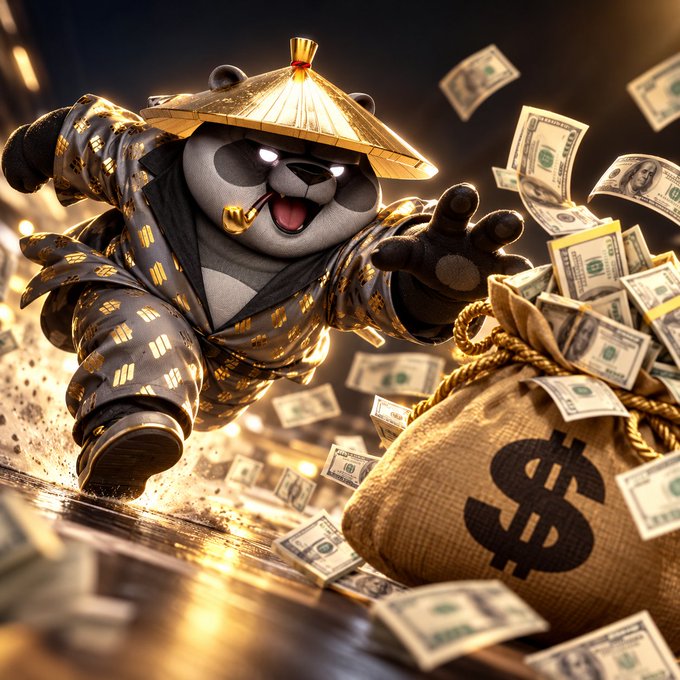 A warrior panda wearing a straw hat and gold-patterned robe lunges toward a burlap money bag marked with a large "$" symbol, as dollar bills scatter through the air around him. The image captures the energetic "UPTOBAG" spirit of the post, depicting an enthusiastic charge toward wealth to celebrate the new month.