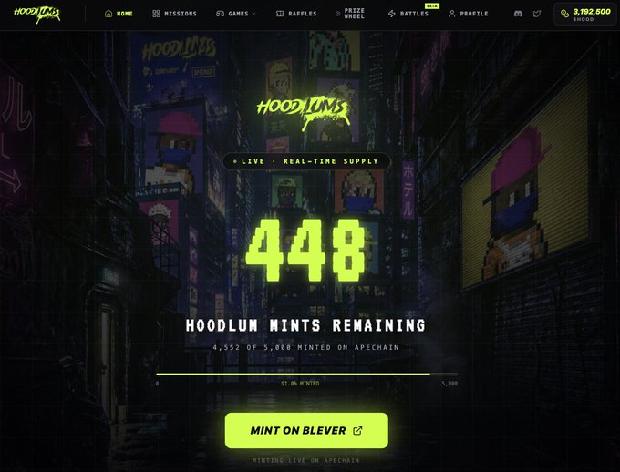 The image displays the Hoodlums NFT minting page on ApeChain, showing "448 Hoodlum Mints Remaining" out of 5,000 (91.8% minted), with a bright green "Mint on Blever" button and "$3,192,500" displayed in the top right corner. The neon cyberpunk-styled interface reinforces the post's message about the project's continued build toward cross-chain rewards for Hoodlums minters and holders.