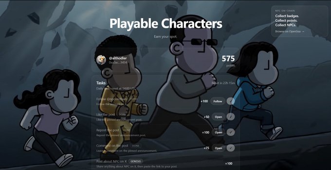 A 'Playable Characters' screen from a game showing cartoon characters and a profile for @althdler with 575 points, featuring tasks like daily check-ins, following, liking, commenting, and posting on X for various point rewards.