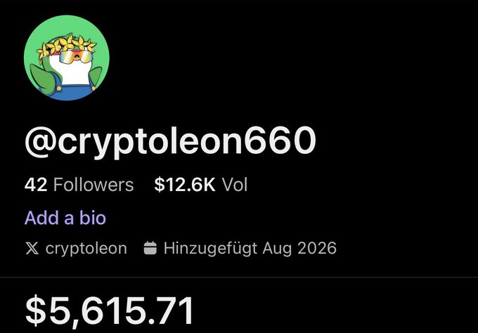 A profile page for the crypto account @cryptoleon660 showing 42 followers, a trading volume of $12.6K, and a balance of $5,615.71.