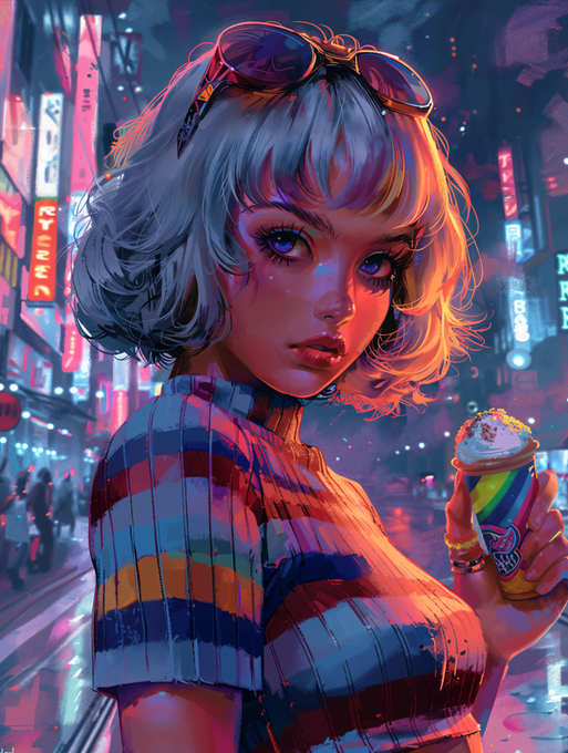 A vibrant, anime-style digital illustration of a young woman with short white hair, sunglasses on her head, holding a colorful ice cream cone against a neon-lit city street background.