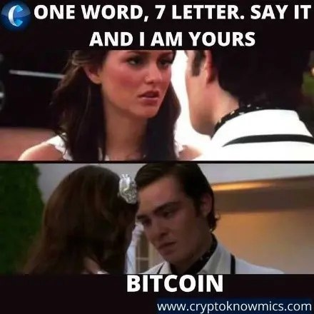 A two-panel meme from cryptoknowmics.com showing a romantic scene with text 'ONE WORD, 7 LETTER. SAY IT AND I AM YOURS' answered by 'BITCOIN' in the second panel.