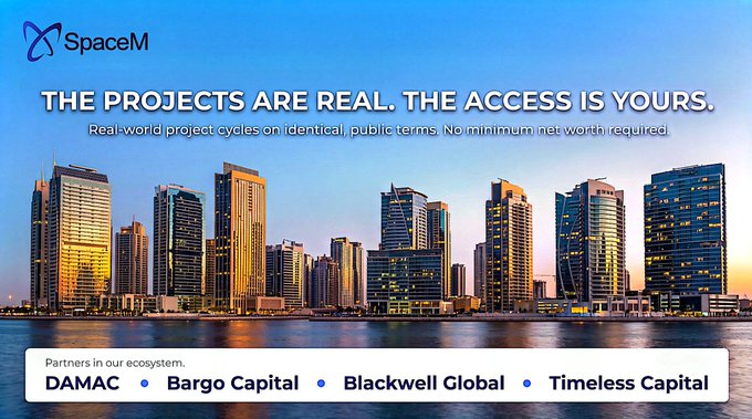 An advertisement for SpaceM displays the text 'THE PROJECTS ARE REAL. THE ACCESS IS YOURS.' over a skyline image at sunset, listing partners including DAMAC, Bargo Capital, Blackwell Global, and Timeless Capital.