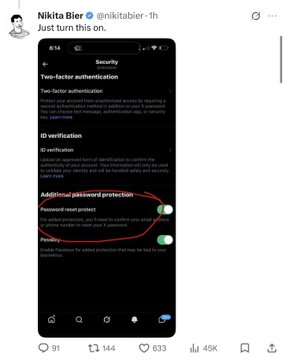 A tweet by Nikita Bier (@nikitabier) with the caption 'Just turn this on.' showing a screenshot of Twitter/X security settings with two-factor authentication and additional password protection features circled in red.