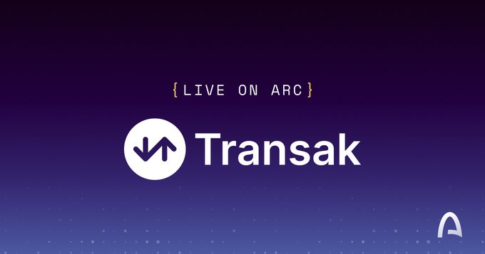 The image is a promotional graphic with a purple gradient background, featuring the Transak logo with its up-and-down arrow icon next to the company name in white text. Above the logo, "{LIVE ON ARC}" is displayed in white lettering, while a small Arc logo appears in the bottom right corner, visually announcing that Transak has officially launched on the Arc platform.