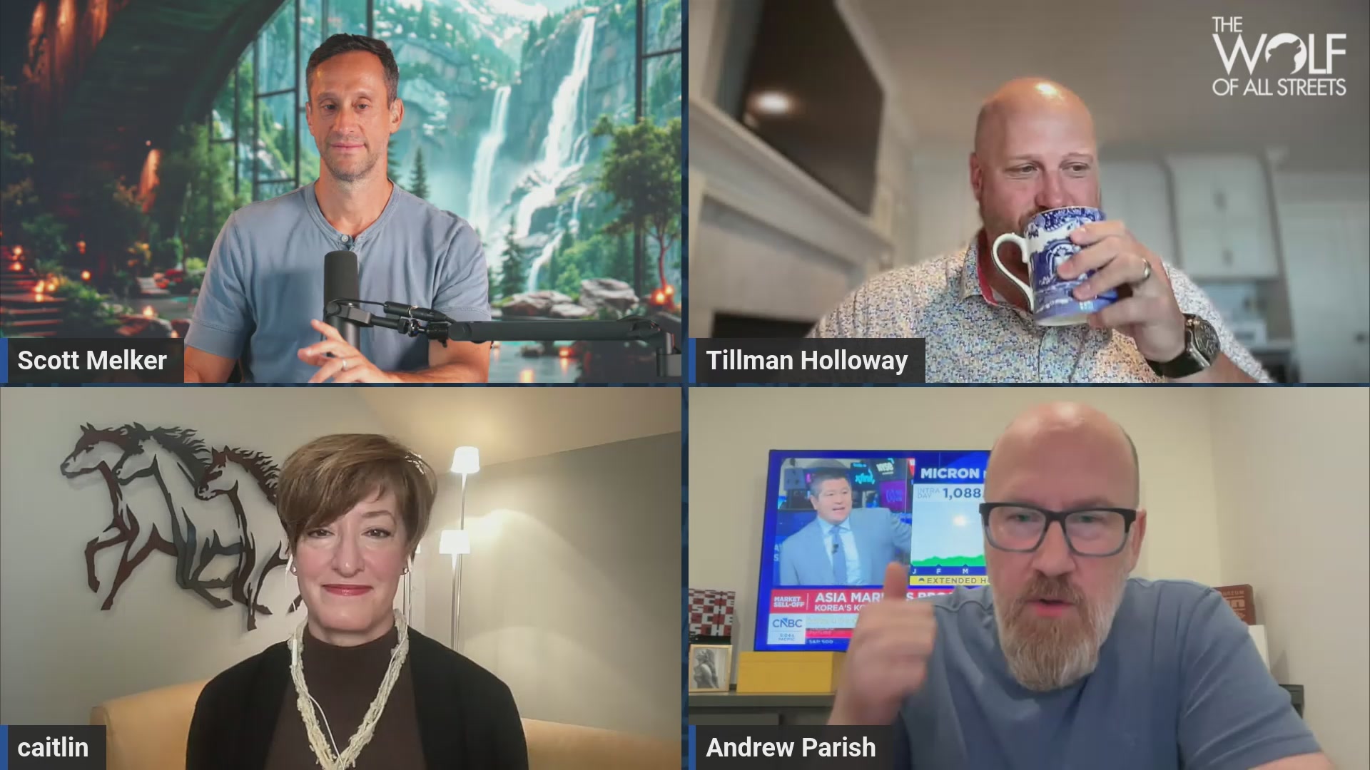 The image shows a screenshot of a television news program with four people sitting around a table, having a conversation or participating in an event. Each person has a unique facial expression that adds character to the scene. The TV screen displays the text "Bitcoin's $59K Test Is Coming As Korea Crashes". This information could be related to the ongoing conversation between the participants on television or perhaps it is a news segment about cryptocurrency trading and its impact during times of economic crisis in Korea, as suggested by the caption provided.