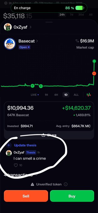 A trading app screenshot shows a "Basecat" token with a market cap of $16.9M and a current price of $10,994.36, representing a +1,469.81% gain on a $994.71 investment. A circled thesis update by user "0xZyaf" reads "I can smell a crime," highlighting suspicious commentary accompanying the token's dramatic price surge.